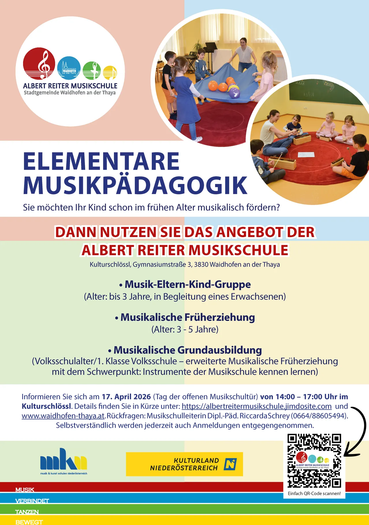 Plakat der Albert-Reiter-Musikschule. Es bewirbt frühe musikalische Bildung. Es beinhaltet eine Musikgruppe für Eltern und Kinder, musikalische Früherziehung und musikalische Grundausbildung für Grundschüler. Die Veranstaltung ist am 17. April 2026.