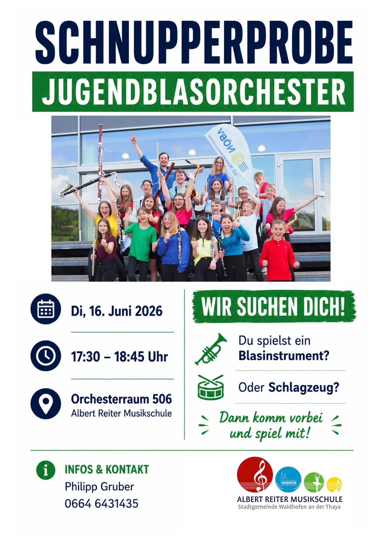 Das Plakat bewirbt ein Jugendblasorchester-Event am 16. Juni 2026 von 17:30 bis 18:45 im Orchesterraum 506 der Albert Reiter Musikschule. Es ermutigt Musiker, teilzunehmen.