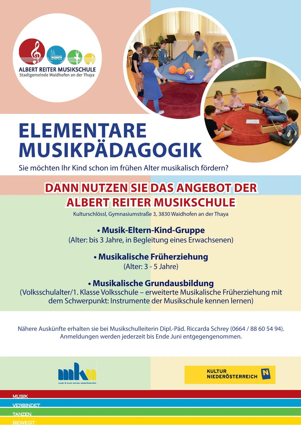 Werbeanzeige der Albert Reiter Musikschule bietet frühe musikalische Förderung für Kinder, einschließlich Eltern-Kind-Musikgruppen für bis zu 3-Jährige und musikalische Früherziehung für 3-5-Jährige. Musikalische Grundausbildung ist auch für Grundschulkinder verfügbar. Kontaktieren Sie Riccarda Schrey für weitere Informationen.