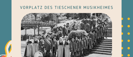Plakat für ein Musikereignis am 16. August 2025 mit dem Tieschiener Musikverein und Tieschiener Jungmusi. Es zeigt ein Schwarz-Weiß-Foto einer Gruppe von Menschen in Uniform.