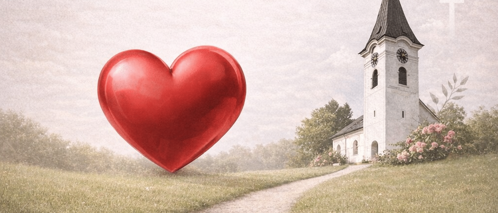 Ein Plakat zeigt ein rotes Herz mit 'Für alle Paare!' darüber. Darunter ist eine Kirche abgebildet mit einem Kreuz oben drauf. Es steht 'Ob verliebt, verheiratet, gleichgeschlechtlich oder verwitwet...' Ein Veranstaltungsdatum vom 14. Februar und eine Zeit von 18:00 Uhr sind angegeben.