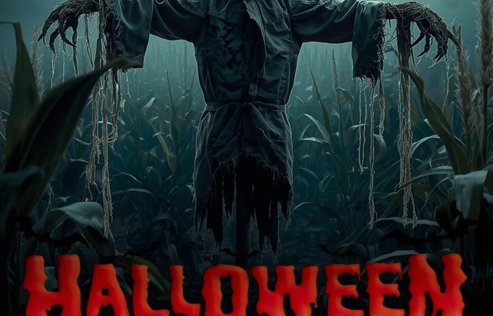 Ein Halloween-Poster mit einem Vogelscheuche mit Kürbiskopf in einem Maisfeld unter einem Vollmond mit fliegenden Fledermäusen.