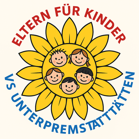 Ein Logo mit einer Sonnenblume, in der vier lächelnde Kinder sitzen. Oben steht 'Eltern für Kinder' und unten 'VS Unternehmerstatten'.