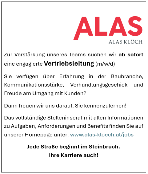 Das Bild zeigt eine Stellenanzeige für eine Vertriebsleitung im Baugewerbe. Es hebt Erfahrung in der Baubranche, Kommunikationsstärke, Verhandlungsgeschick und Freude am Umgang mit Kunden hervor. Das vollständige Stellenangebot mit Details und Vorteilen finden Sie auf der Unternehmenshomepage.