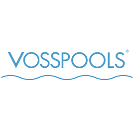 Das Vosspools-Logo zeigt den Markennamen in Blau mit einer welligen Linie darunter, die Wasser symbolisiert.