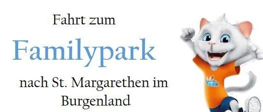 Eine Werbung für Familypark in St. Margarethen, Burgenland, mit einer glücklichen Katze in einem orangefarbenen Shirt.