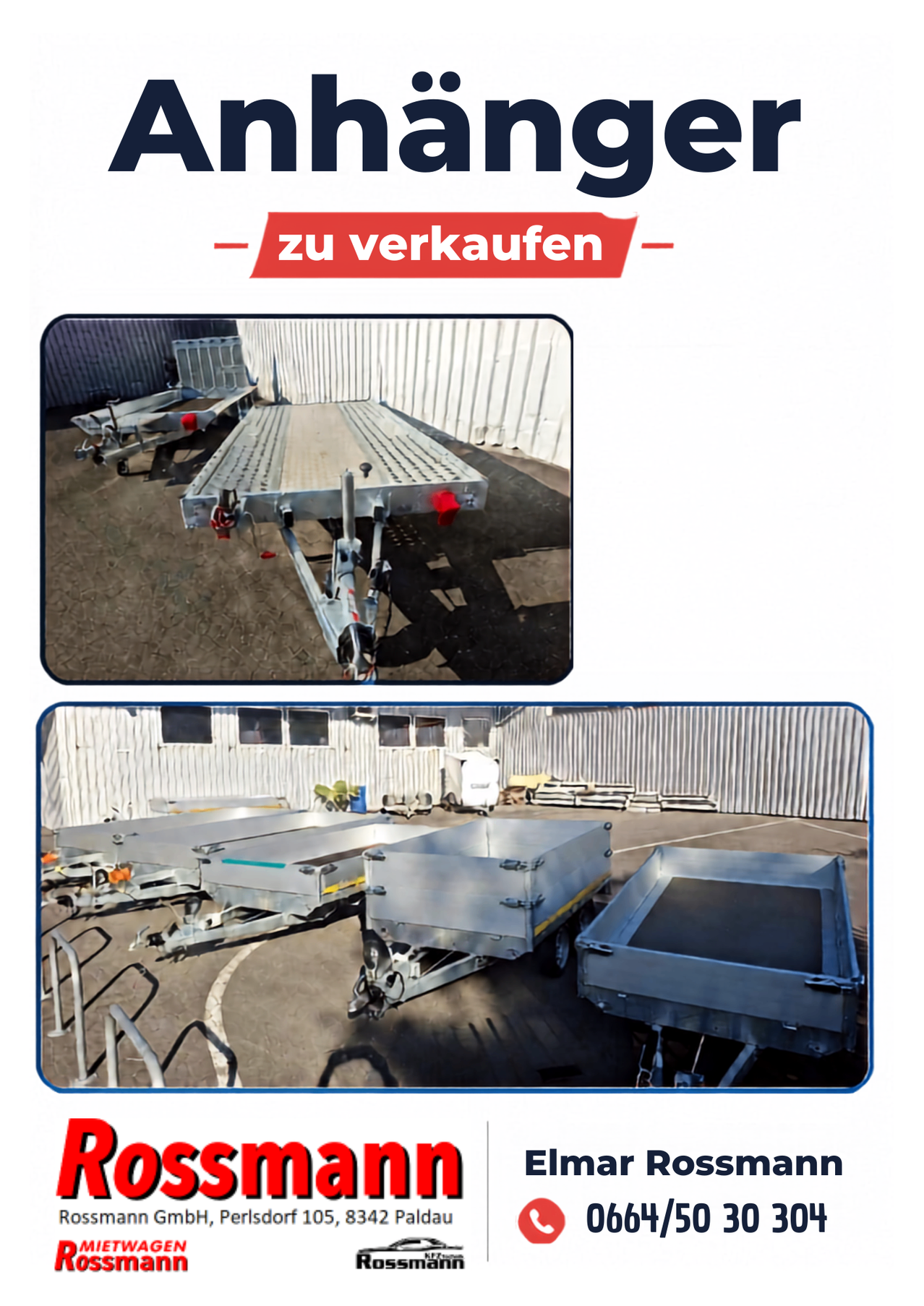 A set of metal trailers parked in a lot, with a red label reading 'zu verkaufen' above them.