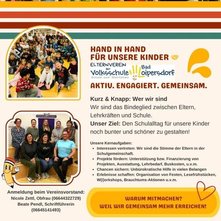Eine Gruppe von Menschen in Kostümen, wahrscheinlich Eltern, steht zusammen, möglicherweise für eine Schulveranstaltung. Der Text 'Hand in Hand für unsere Kinder' ist prominent angezeigt. Unten gibt es ein kleineres Bild eines Klassenzimmers und einer Gruppe von Kindern. Der Text darunter besagt, dass sie die Verbindung zwischen Eltern, Lehrern und Schule sind.