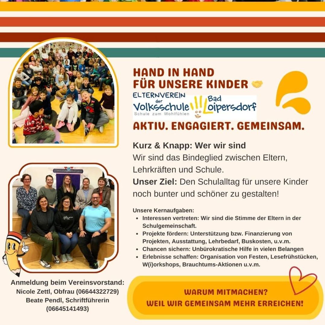 Eine Gruppe von Menschen in Kostümen, wahrscheinlich Eltern, steht zusammen, möglicherweise für eine Schulveranstaltung. Der Text 'Hand in Hand für unsere Kinder' ist prominent angezeigt. Unten gibt es ein kleineres Bild eines Klassenzimmers und einer Gruppe von Kindern. Der Text darunter besagt, dass sie die Verbindung zwischen Eltern, Lehrern und Schule sind.