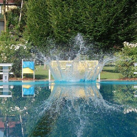 Ein Taucher springt in den Pool mit den Nummern 1 und 3 an der Seite, umgeben von einem üppigen Garten.