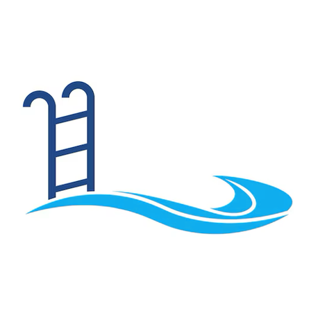 Ein blaues Symbol zeigt eine Poolleiter und Wellen. Die Wellen sind in Bewegung.