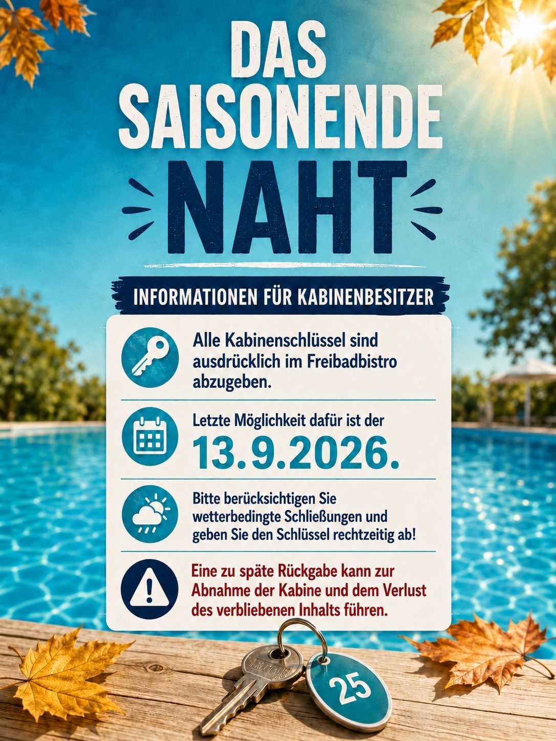 Ein Plakat mit blauem Hintergrund und weißer Schrift informiert Kabinenbesitzer, dass alle Kabinenschlüssel bis zum 13. September 2026 im Freibad erhältlich sind. Es rät, die Wetterbedingungen zu überprüfen und den Schlüssel rechtzeitig zurückzugeben, um die Entfernung der Kabine und den Verlust des verbleibenden Inhalts zu vermeiden.