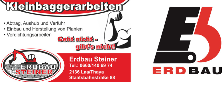 Eine Werbung für Erdbau Steiner, das Baggerarbeiten anbietet. Enthält ein Motto, Kontaktdaten und ein Logo.