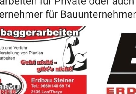Ein Werbeflyer für Erdbau Steiner, der Baggerarbeiten, Planiere und Landnivellierung anbietet. Kontaktdaten umfassen Telefonnummer und Adresse. Erdbau Steiner wird als Subunternehmer für Bauunternehmen vorgestellt.