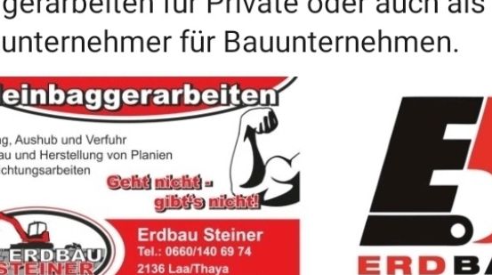 Ein Werbeflyer für Erdbau Steiner, der Baggerarbeiten, Planiere und Landnivellierung anbietet. Kontaktdaten umfassen Telefonnummer und Adresse. Erdbau Steiner wird als Subunternehmer für Bauunternehmen vorgestellt.