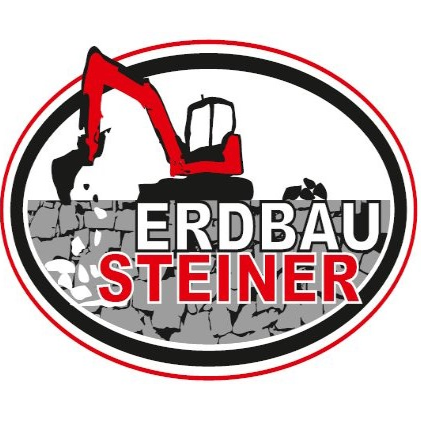 Ein rundes Logo mit einem roten Bagger in der Mitte, der durch eine Steinmauer bricht, mit dem Text 'ERDBAU STEINER' in Fettschrift darunter geschrieben.