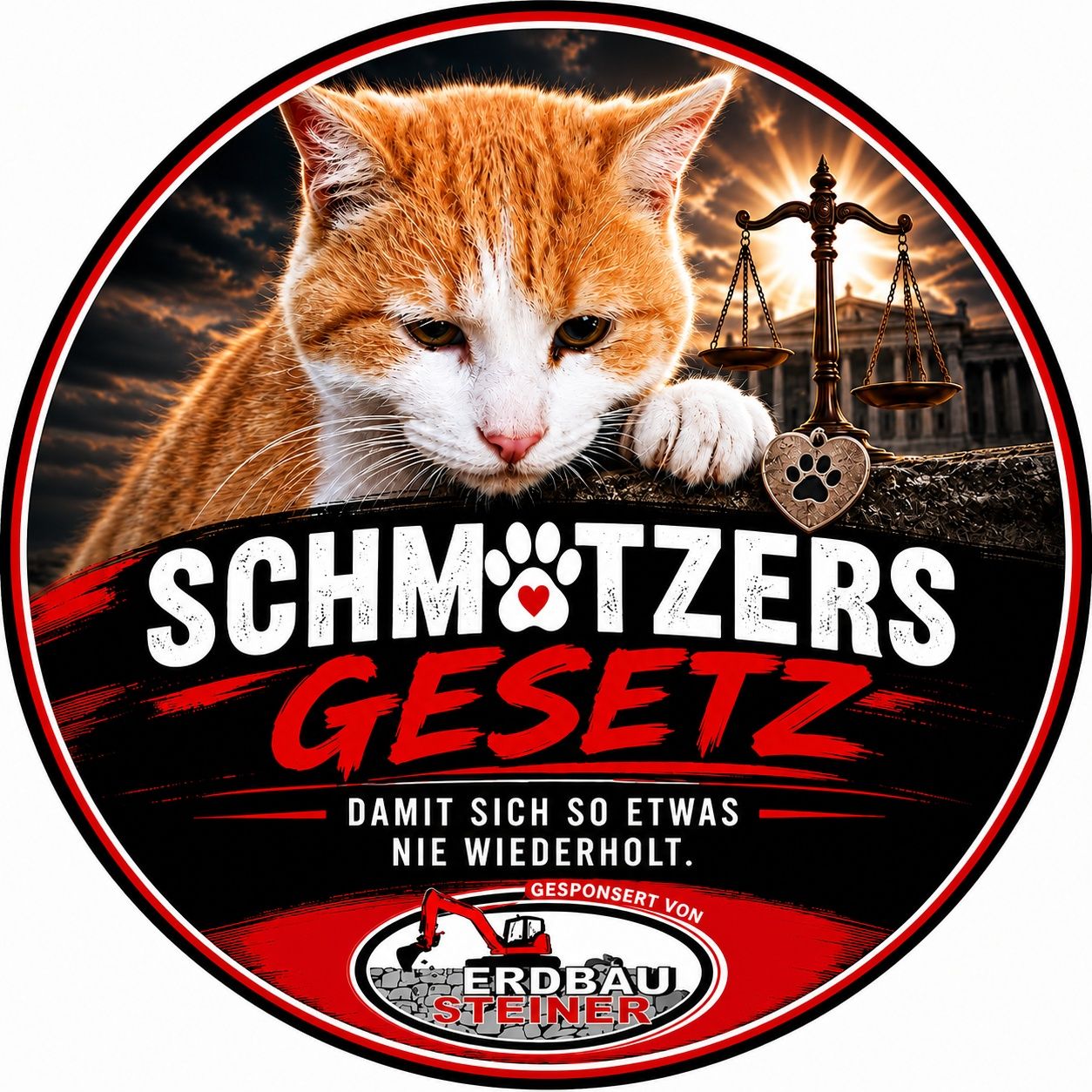 Eine Katze mit orangefarbenem und weißem Fell schaut in die Kamera. Dahinter ist eine Waage der Gerechtigkeit abgebildet und die Worte 'Schmötzers Gesetz' in großen roten Buchstaben geschrieben. Das Bild wird von Erdbau Steiner gesponsert.