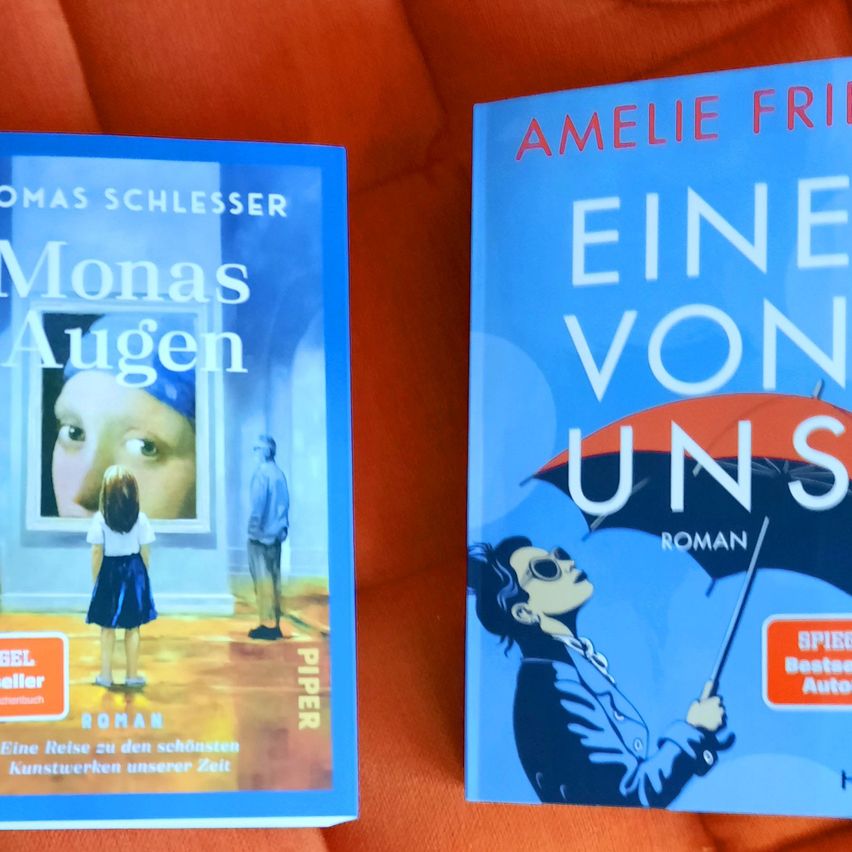 Zwei Bücher liegen auf einer roten Oberfläche. Das linke Buch zeigt ein Mona-Lisa-Gemälde mit einem Mann und einem Kind. Das rechte Buch zeigt einen Mann, der einen Regenschirm hält, mit dem Titel Eine von Uns.
