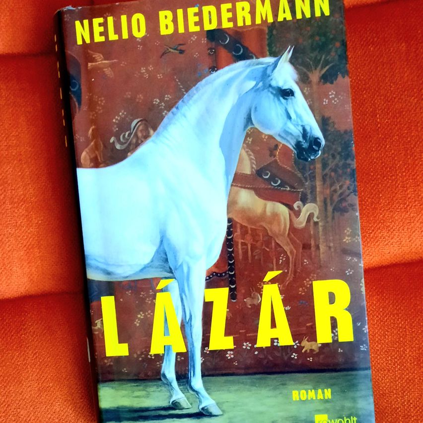 Ein Buchcover zeigt ein weißes Pferd vor dem Hintergrund eines alten Gemäldes mit Bäumen und einer Kutsche. Der Titel 'Lazar' steht in fetten gelben Buchstaben.