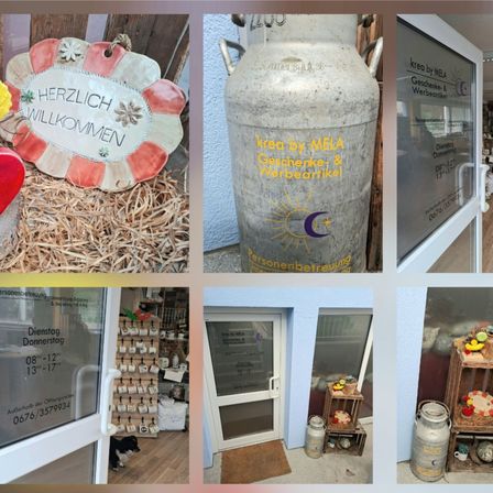 Sechs Bilder eines Ladens, einschließlich eines Keramikschilds mit Herzlich Willkommen, einer großen Metallmilchkanne und Öffnungszeiten.