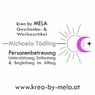 Ein weißer Hintergrund mit dem Text 'krea by MELA' und 'Geschenke & Werbeartikel'. Darunter der Name 'Michaela Tödtling', und 'Personenbetreuung' mit 'Unterstützung, Entspannung & Begleitung im Alltag'. Darunter die Website 'www.krea-by-mela.at'.