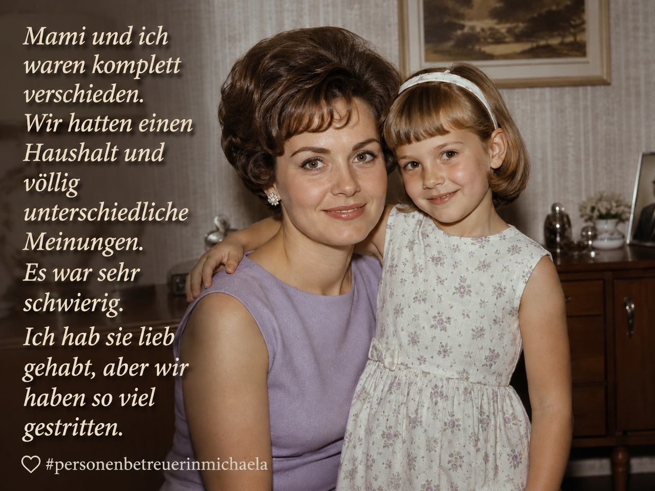 Eine lächelnde Mutter und Tochter, beide festlich gekleidet, stehen eng beieinander. Die Mutter trägt ein ärmelloses Kleid, die Tochter ein Blumenkleid. Sie haben warme Gesichtsausdrücke.