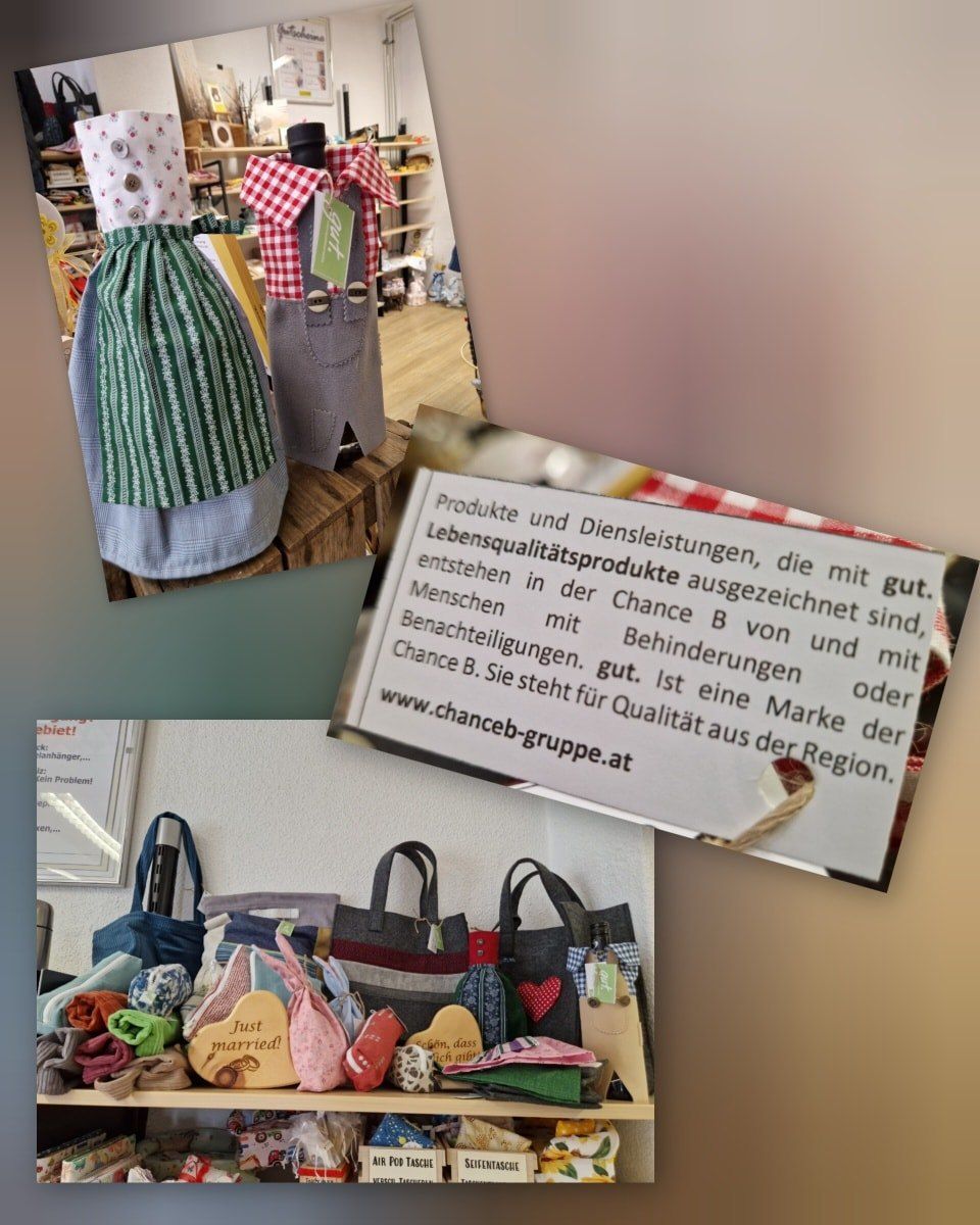 A display of custom-made aprons and bags. A sign explains that products and services are created in the chance quality products, marked with chance B, and supported by chance B. Visit www.chanceb-gruppe.at.