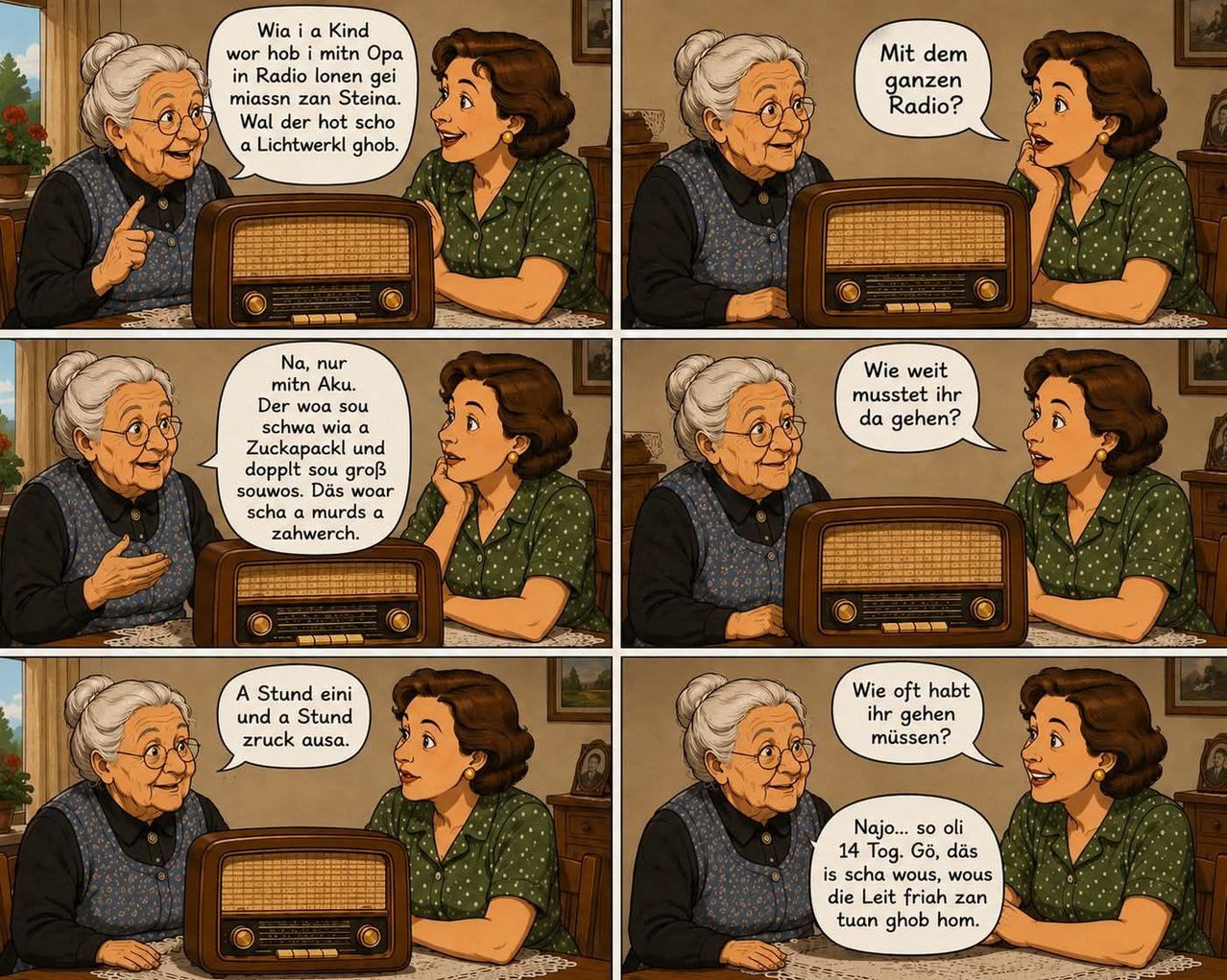 A comic strip of two elderly women discussing a radio, one woman is explaining how she used to listen to the radio with her grandmother, while the other woman is surprised by the radio's size.