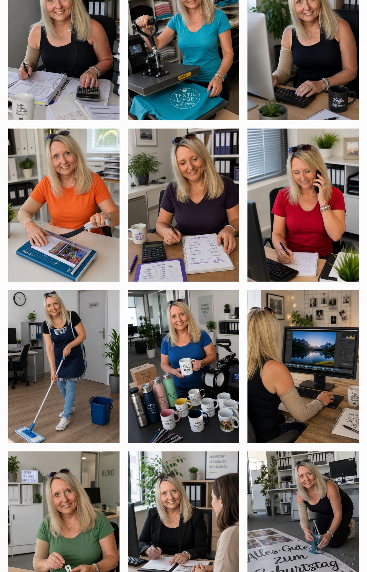 Eine Collage von Frauen in verschiedenen beruflichen Umgebungen, darunter am Schreibtisch, beim Putzen und bei der Computernutzung. Jede Frau trägt ein unterschiedlich gefärbtes Shirt und scheint in ihren jeweiligen Aufgaben engagiert zu sein.