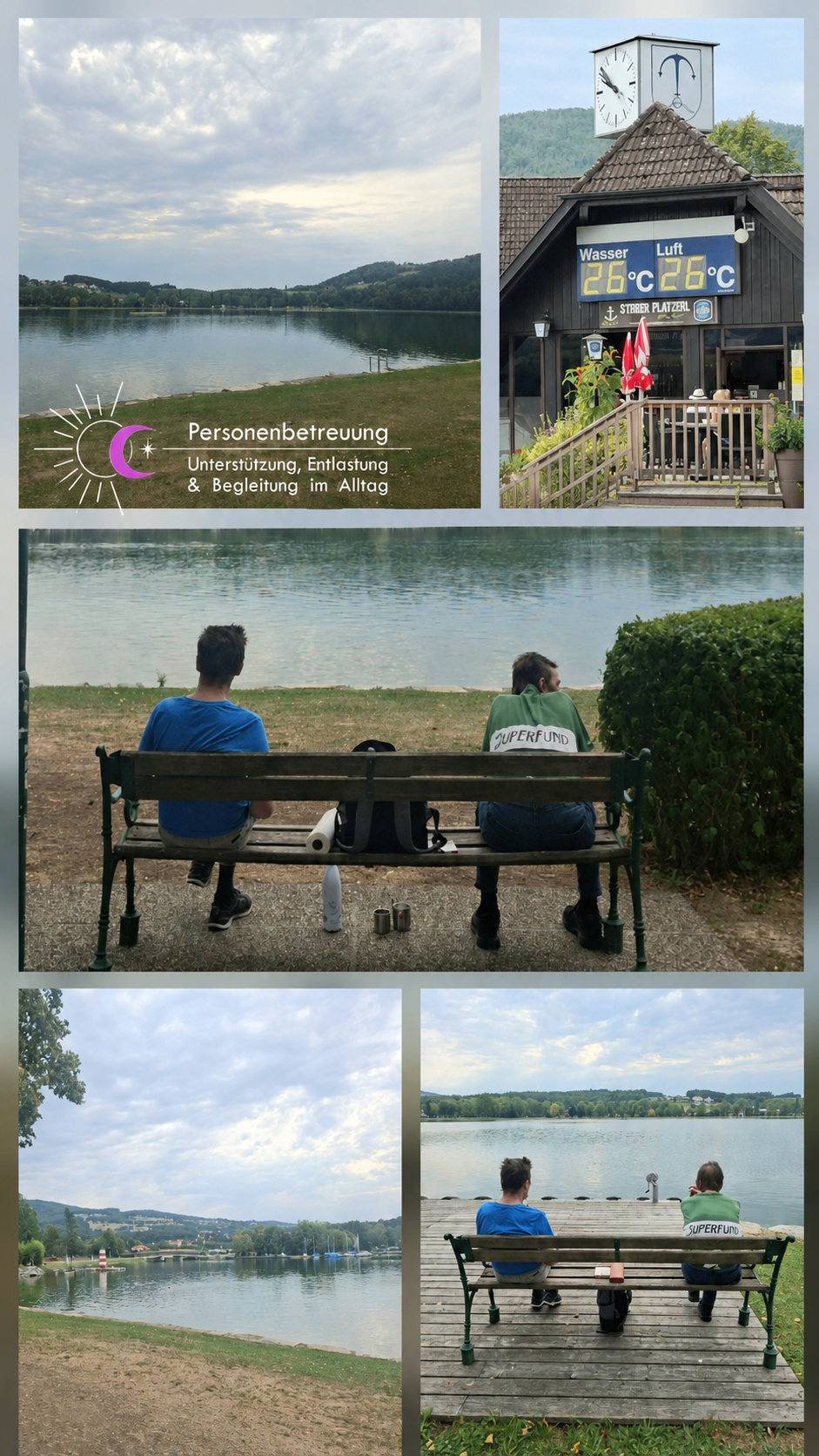 Two men sitting on a bench by a lake, one wearing a blue shirt and the other a green shirt with 'SUPERFUND' on it.