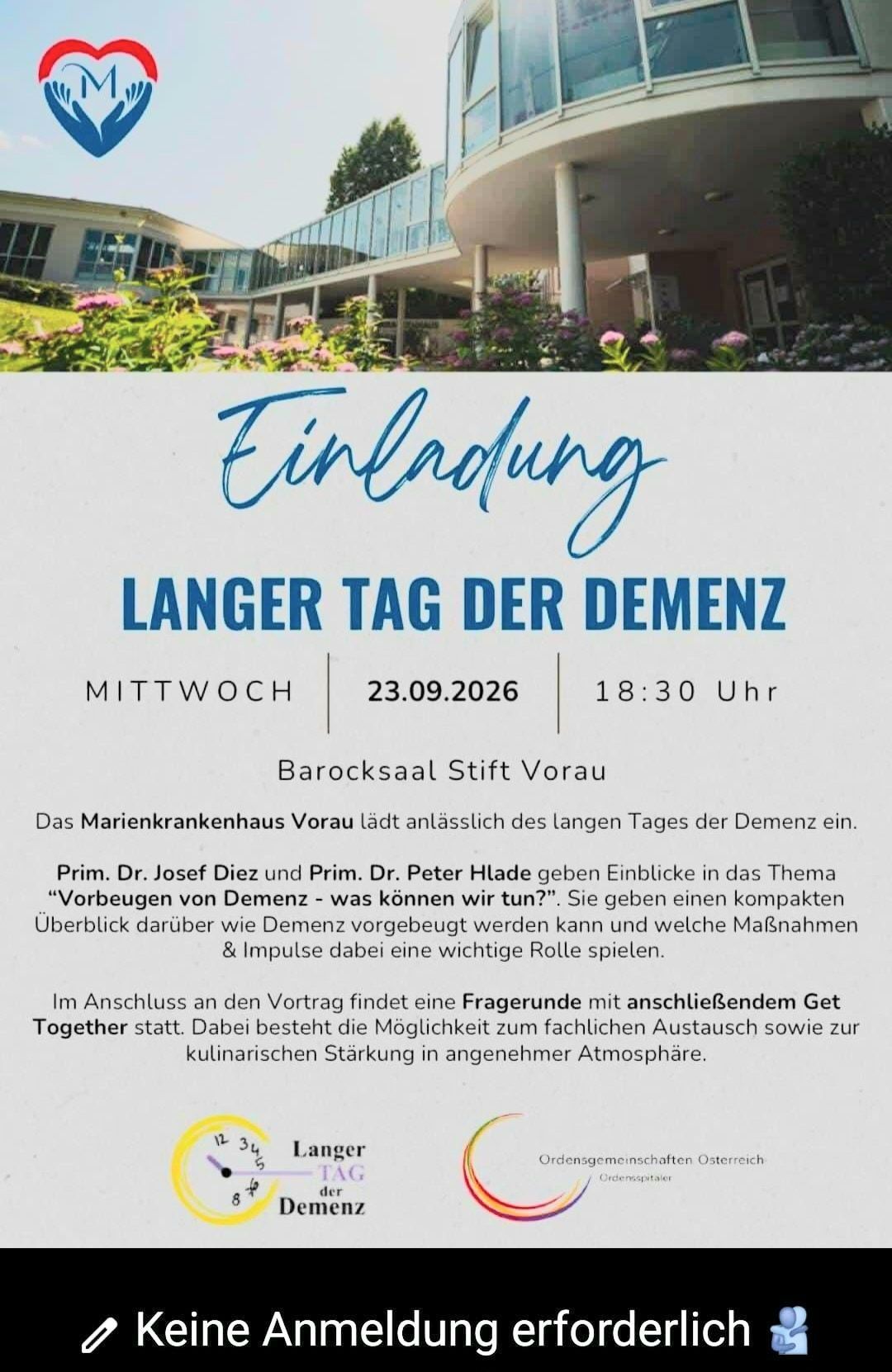 Plakat für den 'Langen Tag der Demenz' am 23.09.2026 um 18:30 Uhr. Es zeigt ein Gebäude, Blumen und blauen Text. Die Veranstaltung beinhaltet einen Vortrag von Dr. Josef Diez und Dr. Peter Hlade über die Vorbeugung von Demenz.