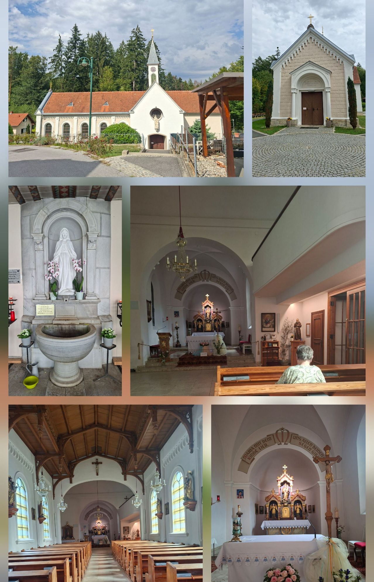 A collage of images featuring a church, a statue of Mary, an altar, a bench, and a wooden ceiling with a cross.