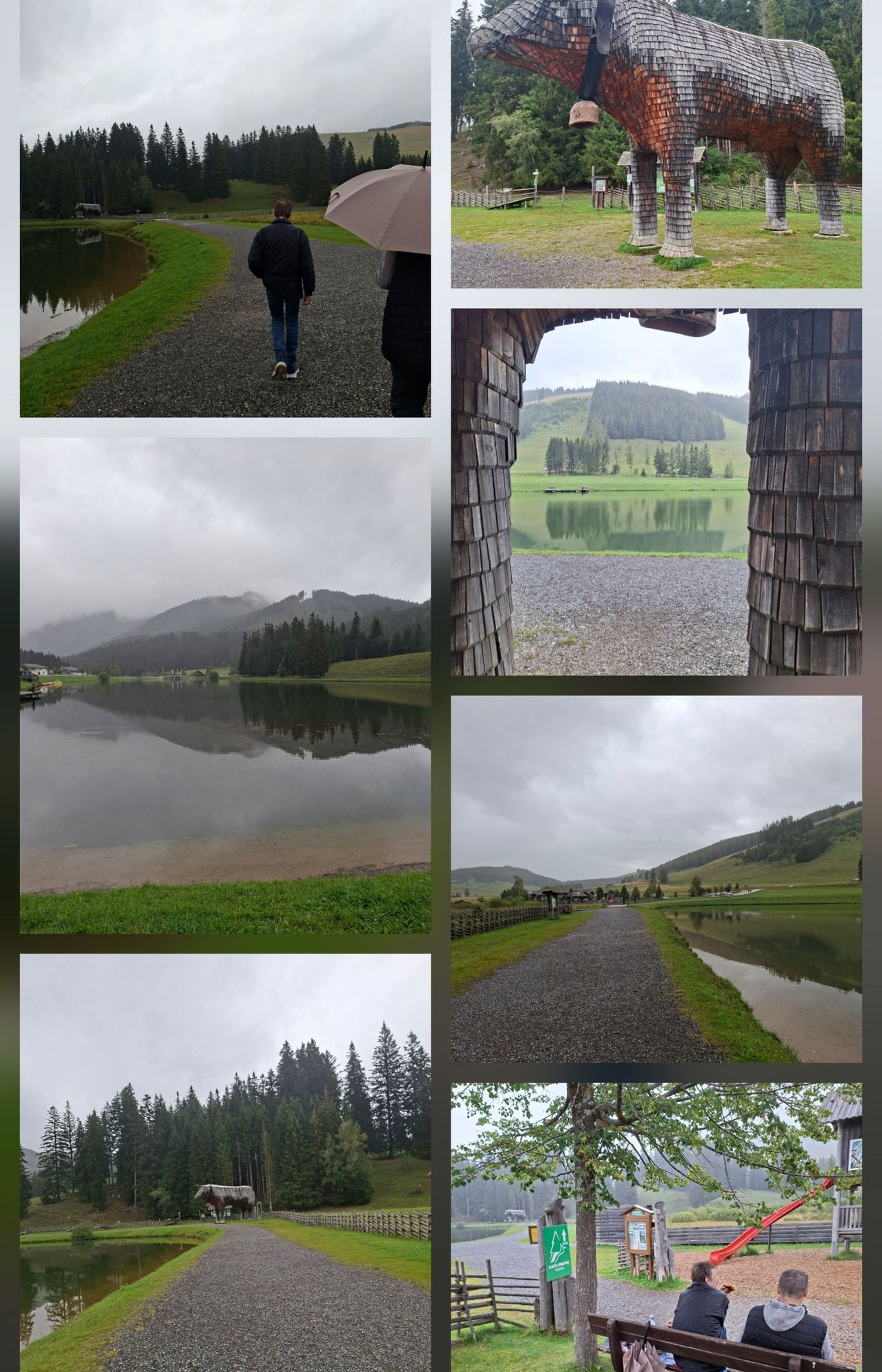 Eine Collage von Bildern, die einen See, einen gehenden Menschen, eine Holzstruktur und eine Berglandschaft zeigen.