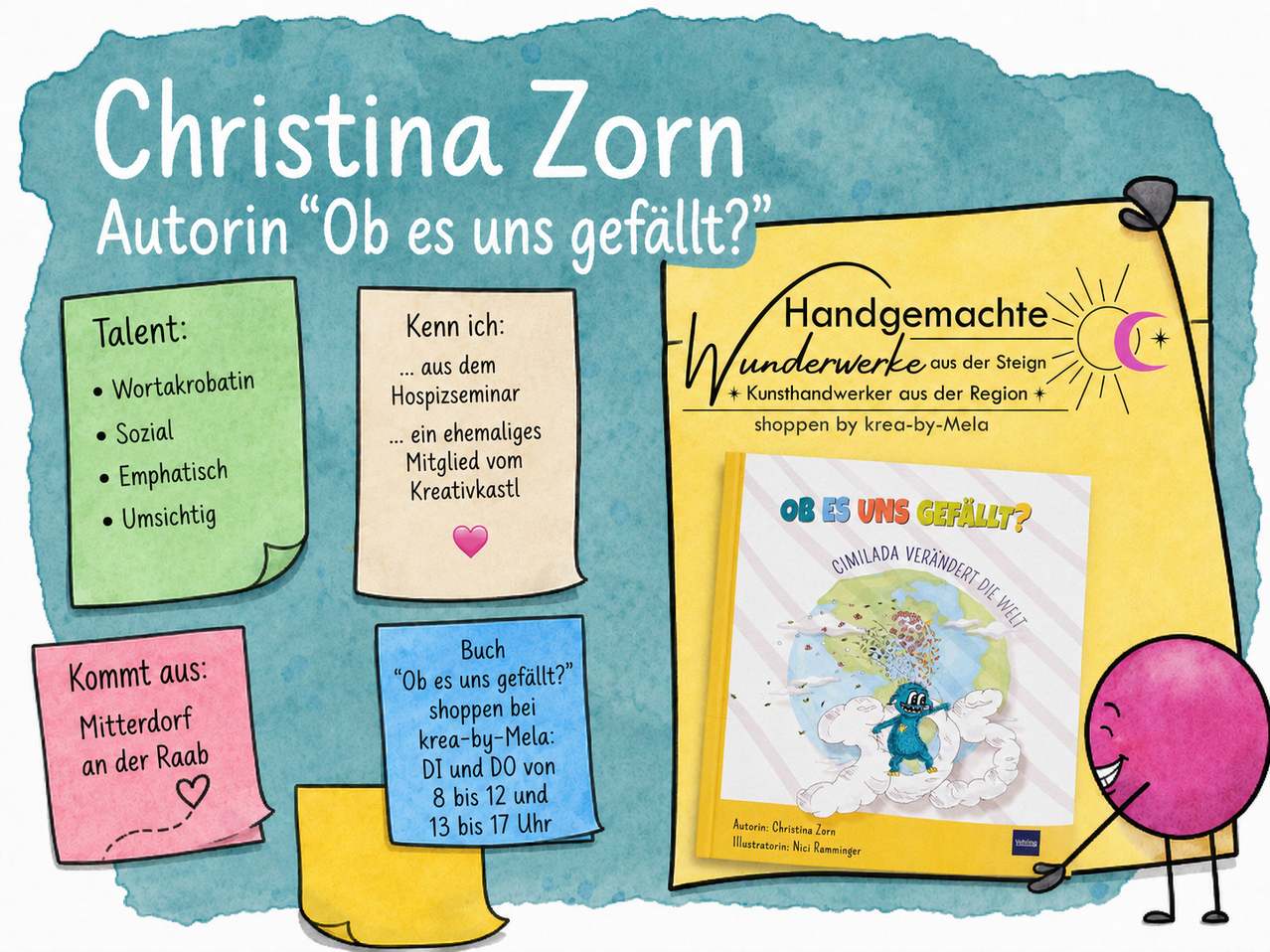 A colorful poster with Christina Zorn's book 'Ob es uns gefällt?' displayed. The book cover shows a cartoon character with a globe. Various sticky notes are attached to the poster, providing information about the book and its author.