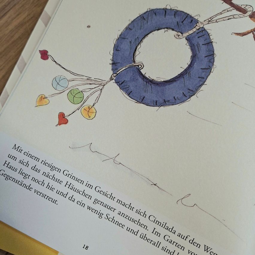 A page from a book shows a drawing of a blue ring with colorful balloons attached, along with some handwritten text in German.