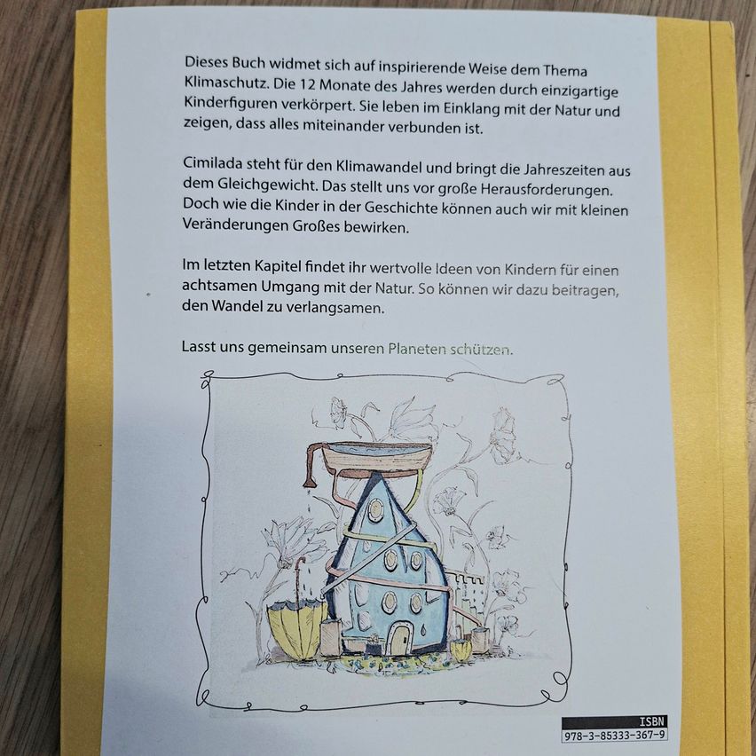 A book page with text and an illustration of a house with a chimney and a rain umbrella. The text discusses climate change and the importance of children's role in environmental protection.