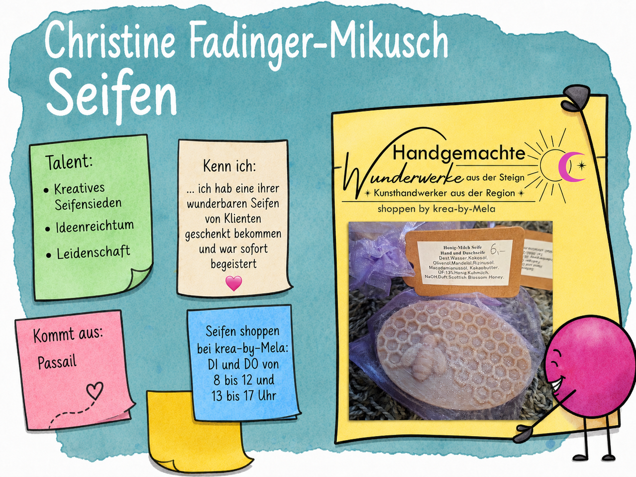 An infographic about handmade soaps by Kristine Fadinger-Mikus, featuring a honeycomb soap, a note about soap shopping hours, and a description of the soap's ingredients.