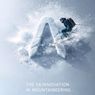A skier jumps mid-air over a snow-covered letter A. Snow splashes around them. Below, text reads 'The Skinnovation in Mountaineering'.
