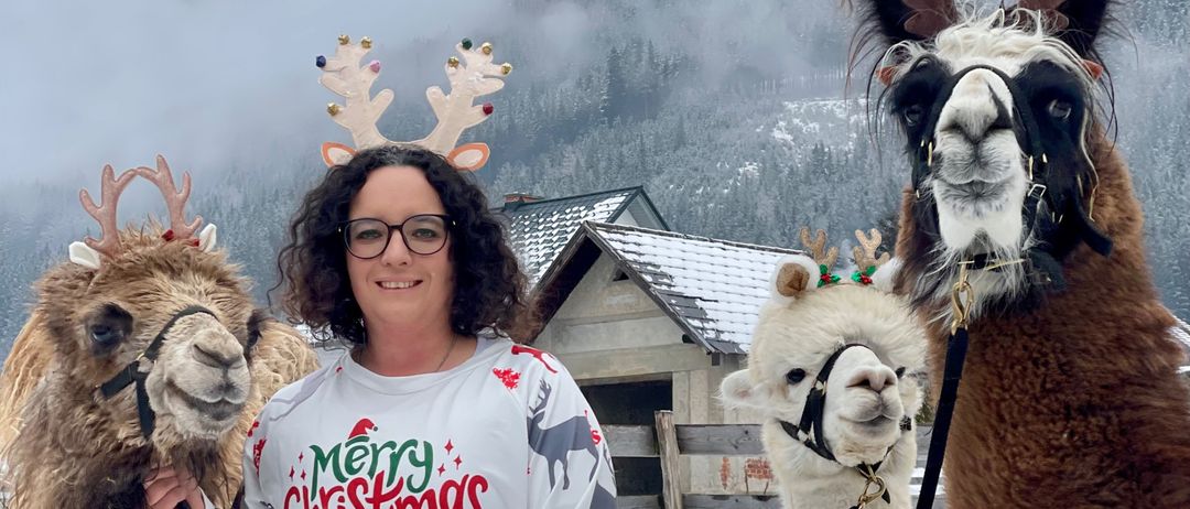 Eine Frau steht im Schnee mit drei Alpakas, von denen zwei Rentierkopfbänder tragen, vor einem verschneiten Berg.