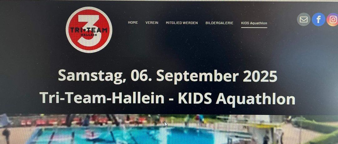 Ein Plakat für das KIDS Aquathlon-Event am 6. September 2022 in Hallein. Das Plakat zeigt einen Swimmingpool und enthält Links zur Homepage, zum Verein, zur Mitgliedschaft, zur Bildergalerie und zum KIDS Aquathlon.