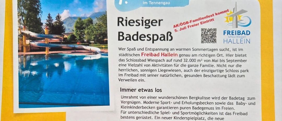 Das Freibad Hallein bietet ein großes Schwimmbecken mit einer Fläche von 23.000 m², das von Mai bis September geöffnet ist. Es verfügt über einen separaten Bereich für Kleinkinder, moderne Sport- und Unterhaltungseinrichtungen sowie einen Spielplatz. Reservierungen können unter T 0664/50 45 885 vorgenommen werden.