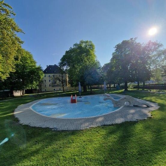 Ein kleiner Pool mit einem Dinosaurier-Rutsche wird von einer Rasenfläche mit Bäumen umgeben. Hinter den Bäumen befindet sich ein Gebäude mit einem schwarzen Dach. Der Himmel ist klar und blau.