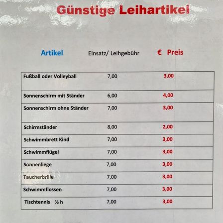 Eine Liste von Mietartikeln für Sportgeräte. Die Artikel umfassen Fußball oder Volleyball, Sonnenblenden mit und ohne Ständern, Fechtenschwerter, Kinder-Schwimmbretter, Schwimmflossen, Sonnenliegen, aufblasbare Rohre, Schwimmflossen und Tischtennis für eine halbe Stunde. Die Mietgebühren betragen für die meisten Artikel 3 Euro.