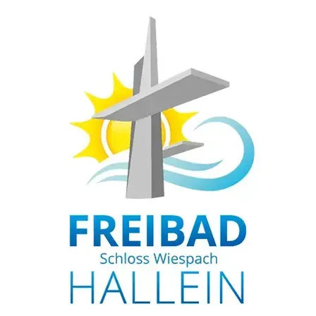 Das Logo für Freibad Hallein mit einem großen Kreuz und einer Sonne auf einem blauen Wellenhintergrund.