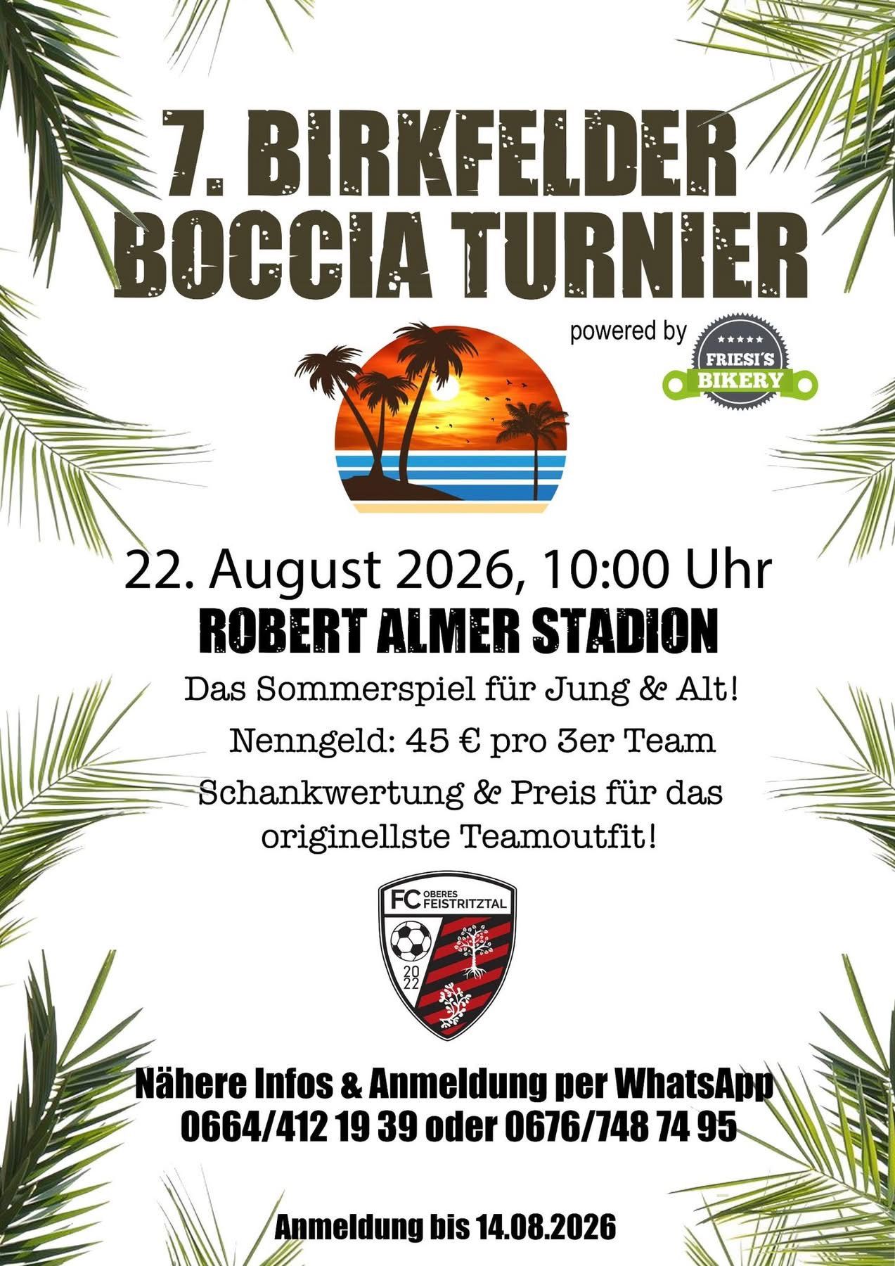 Plakat für ein Boccia-Turnier am 22. August 2026 um 10:00 Uhr im Robert Almer Stadion. Der Eintrittspreis beträgt 45 Euro pro Team.
