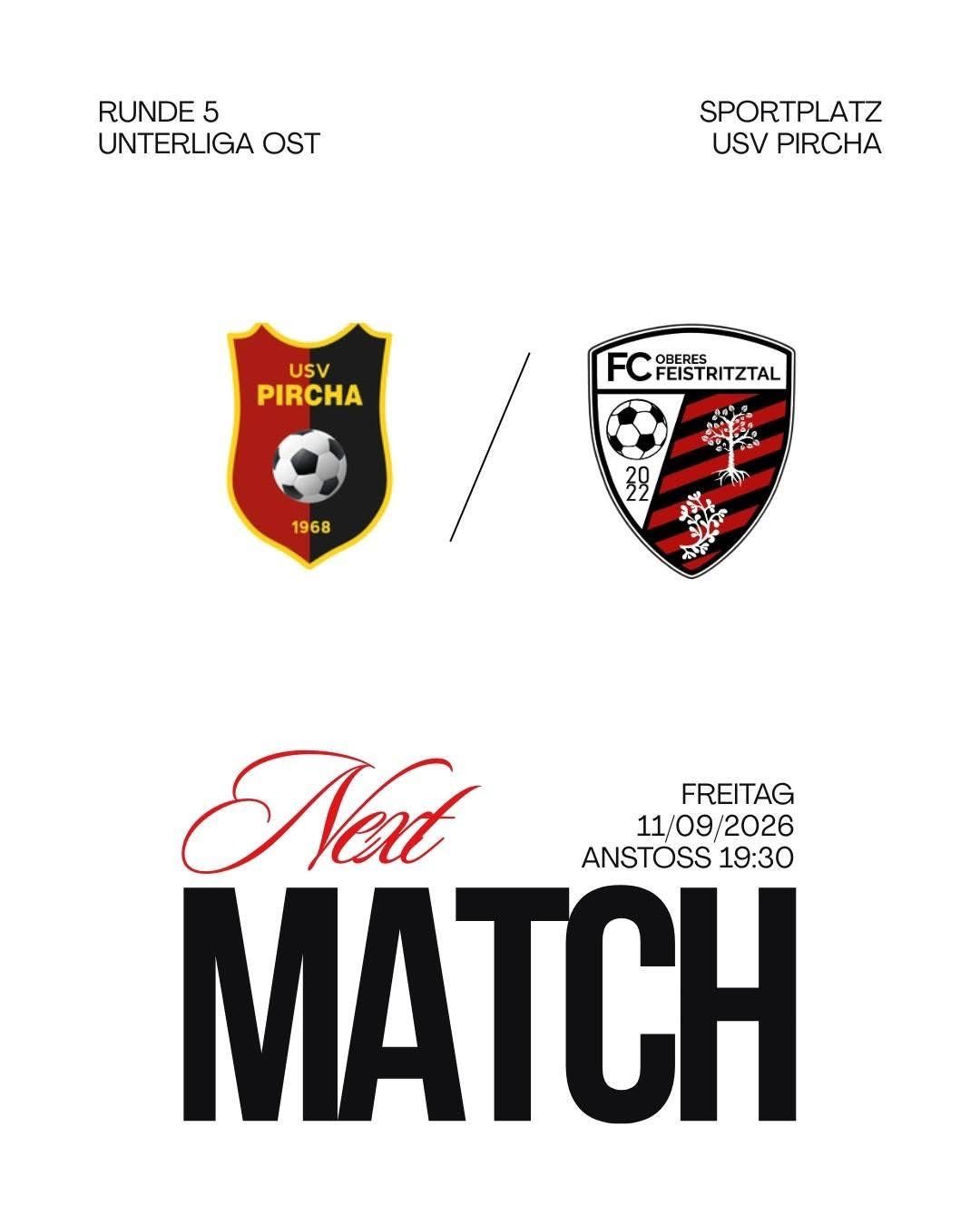 A soccer match announcement between USV Pircha and FC Oberes Feistritztal on November 9, 2026, at 19:30.