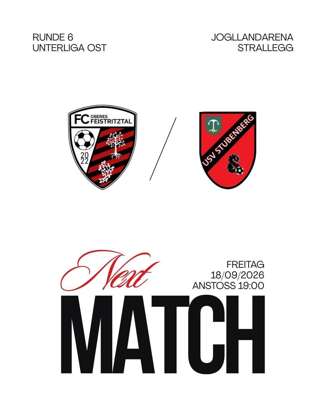 Kommende Fußballpartie zwischen Oberes Feistritztal und USV Stubenegg am 18. September 2026 um 19:00 Uhr.