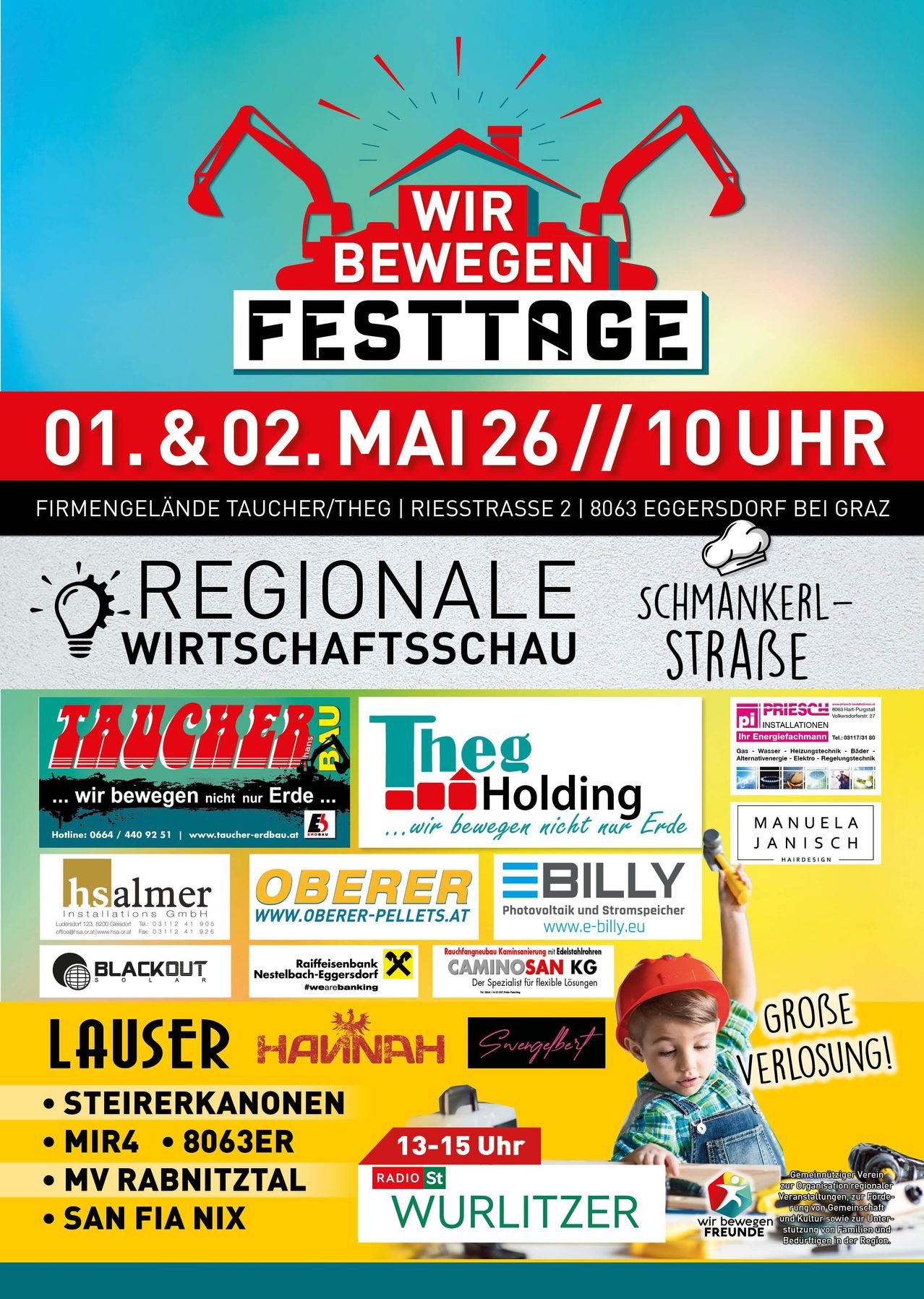 Ein buntes Plakat, das eine regionale Wirtschaftsschau mit Ständen, einem Jungen im roten Hut und Logos von Unternehmen wie TAUCHER, THEG Holding und Billy bewirbt. Die Veranstaltung findet am 1. und 2. Mai um 10 Uhr statt.