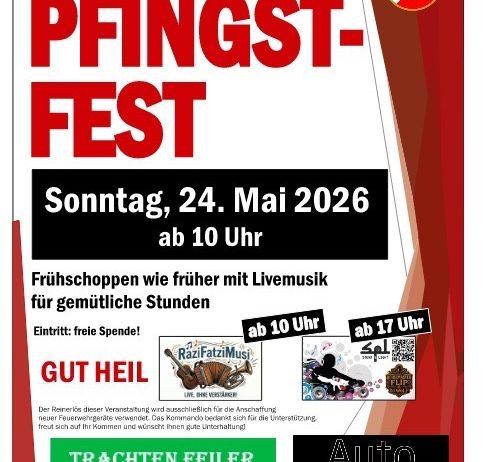 Plakat für Pfingstfest der Freiwilligen Feuerwehr Gimplach am Sonntag, 24. Mai 2026, ab 10 Uhr. Live-Musik und Spaß geplant. Freier Eintritt.