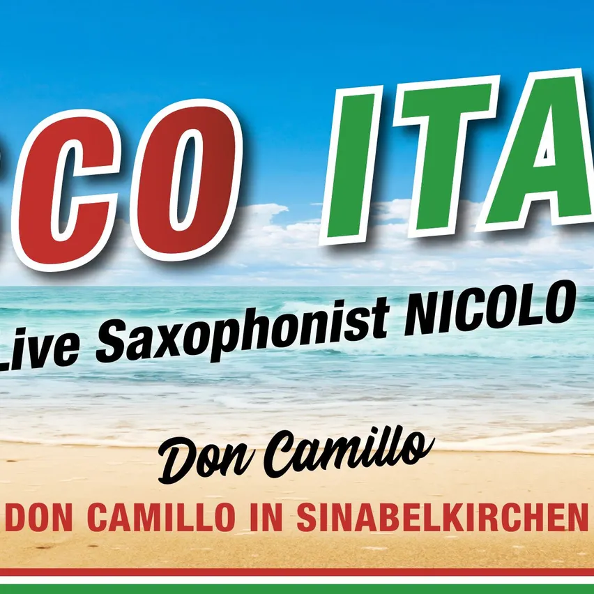 Plakat für eine Strandveranstaltung mit dem Live-Saxophonisten Nicolo, zeigt einen klaren blauen Himmel mit Wolken und einem ruhigen Ozean. Der Name Nicolo ist in Rot, Grün und Weiß dargestellt.